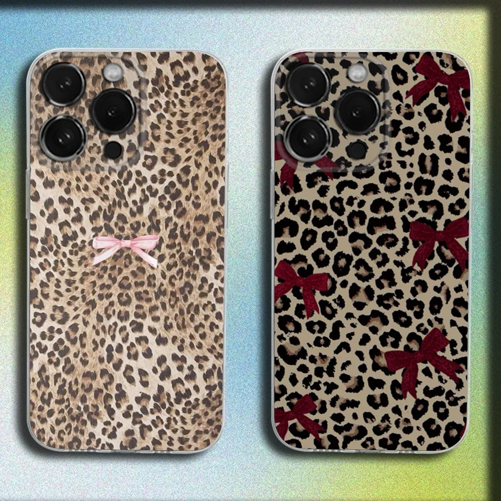 

Fashion Leopard Print Bow Tie Phone Case For iPhone 16,15,14,13,12,11 Plus,Pro,Max,XR,XS,Plus,E,Mini Transparent Soft Cover