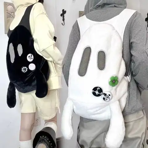 Uroczy Plecak Duch Czarno-Biały Damski Pluszowy Duża Pojemność Tornister Szkolny Damski Hot Girl Casual Wszechstronny Mochilas Mujer Nowy