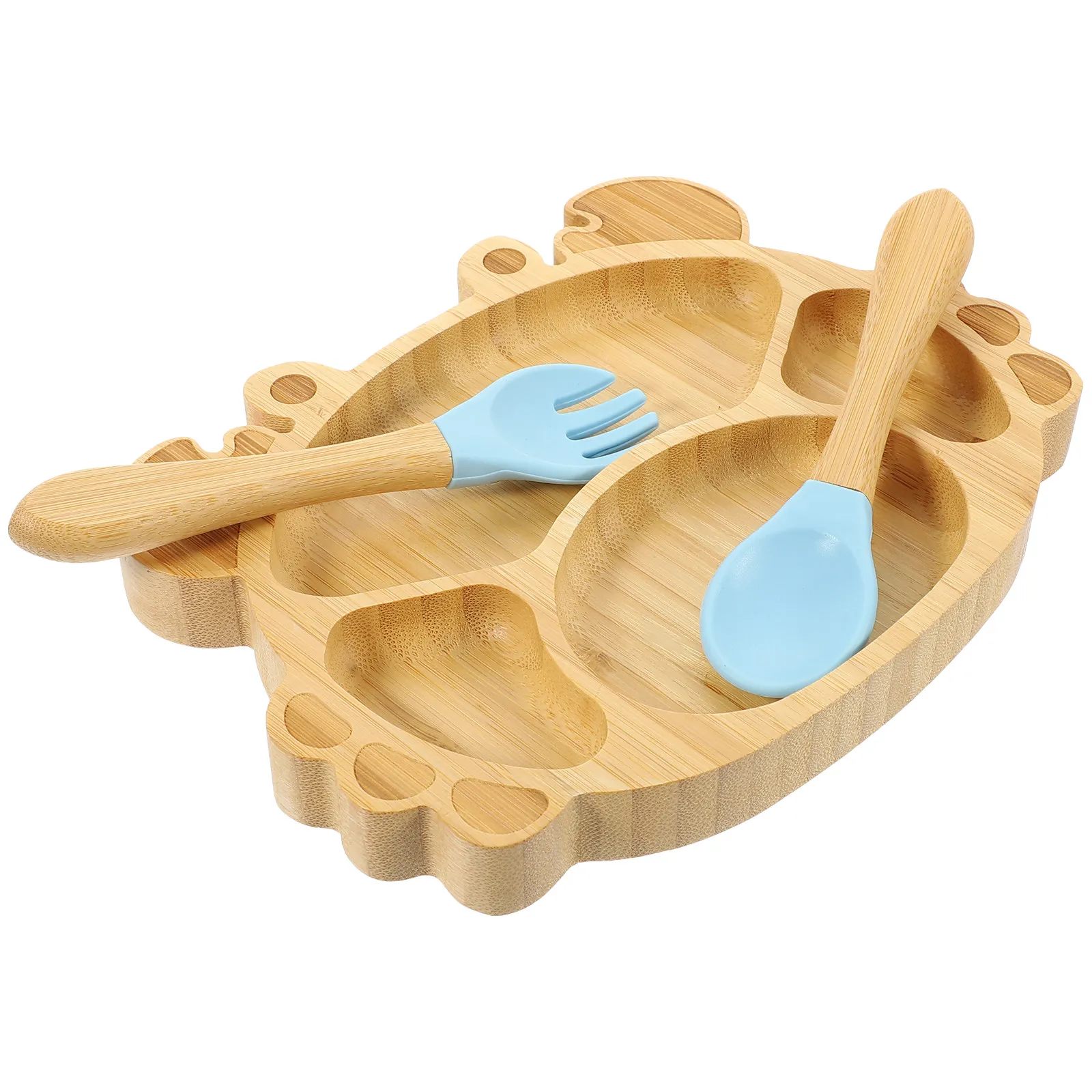 1Set Toddler Bamboo Plate Set Suction Feeding Supplies Divided Plate with Spoon Fork Cute Baby Utensils Toddler Plates Set