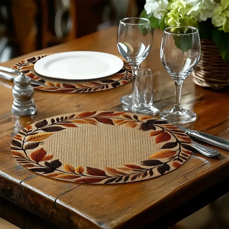 VIKAMA Four-Piece Round Placemat Set Autumn Thanksgiving Table Decor Falling Leaves Pattern Non-Slip Heat-Resistant Coasters - view 6