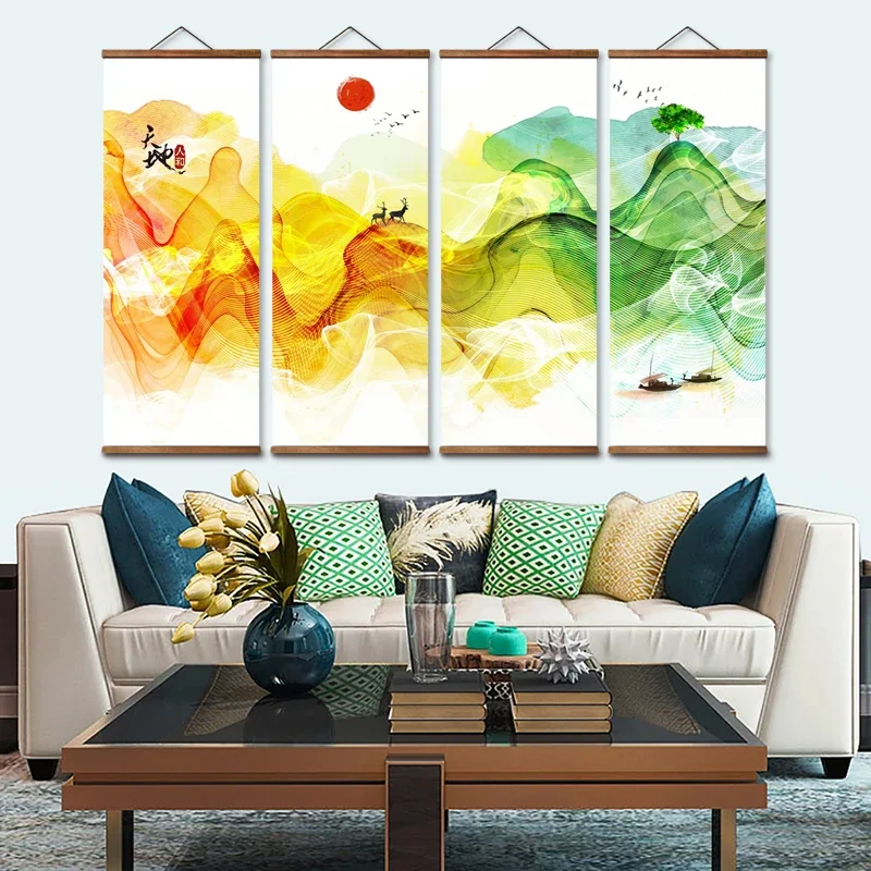 MT0041 النمط الصيني الحبر غسل السماء والأرض شروق الشمس الغزلان المشهد جدار الفن قماش الملصقات الصلبة الخشب التمرير لوحات #2