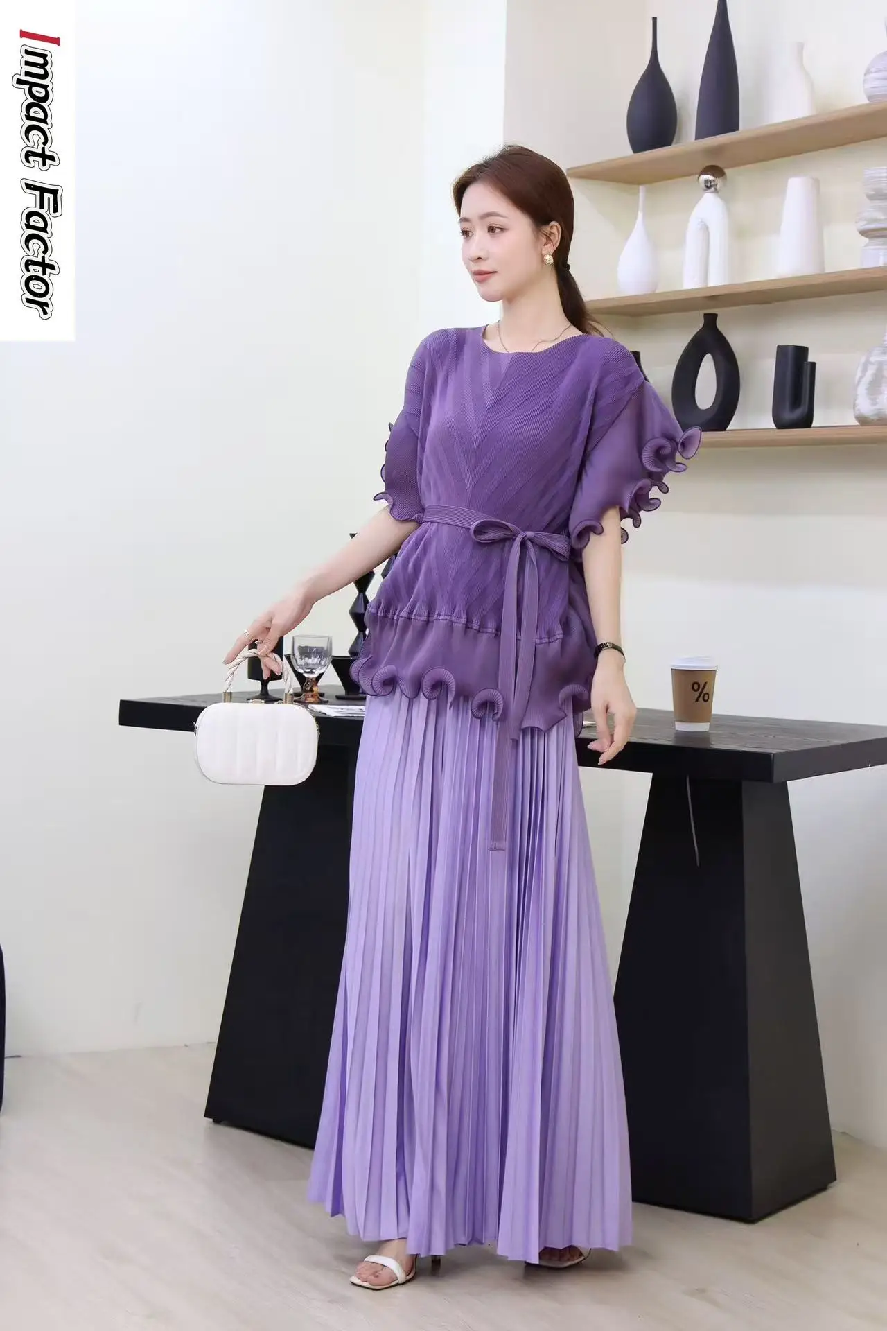 

Miyake Pleated Fashion Women's Clothing 2025 Spring and Summer New Loose Two-piece Set Waist Long Skirt Pleated Set