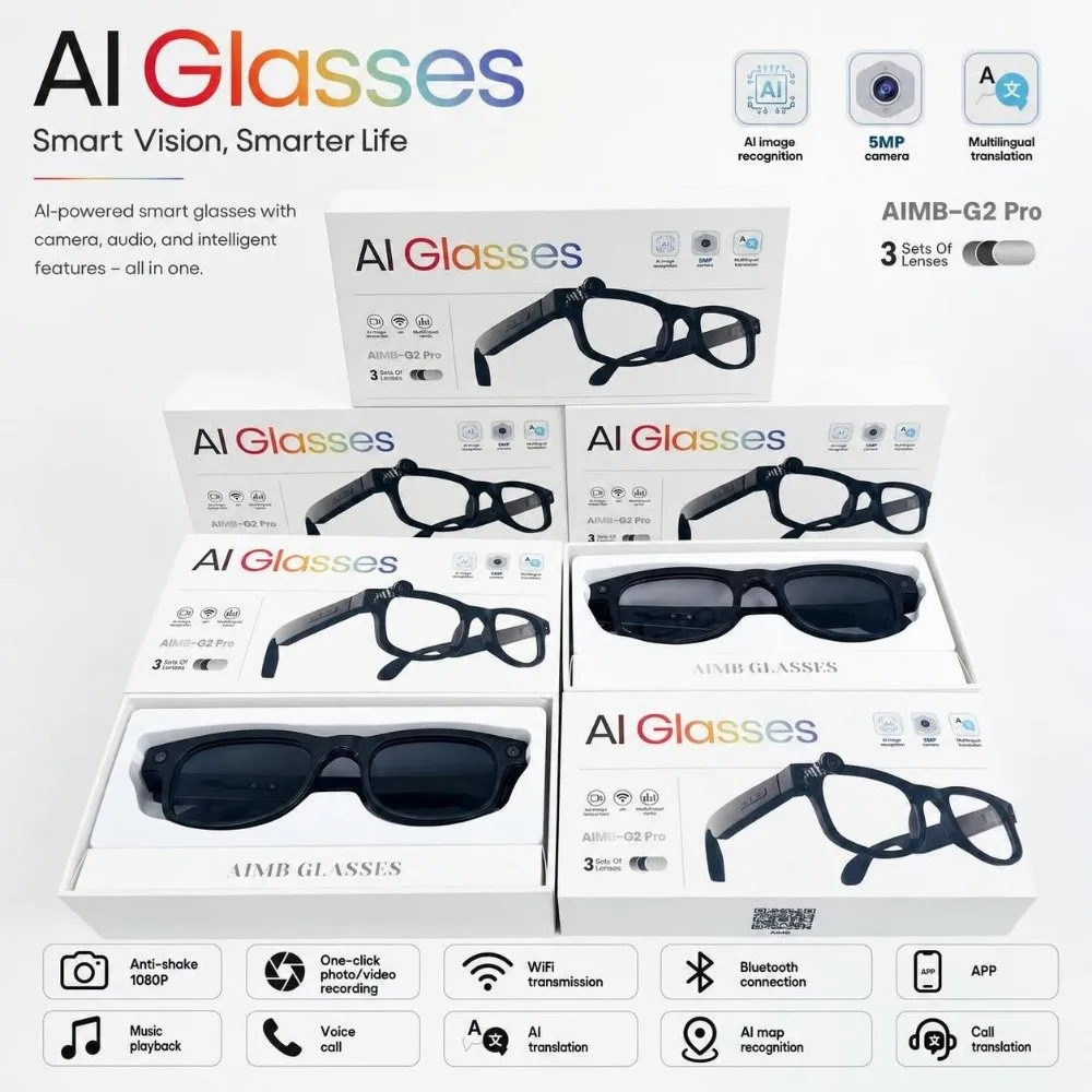 2 in 1 AI Smart Glasses Real-time Translation HD Photo Video Voice Smart Video Glasses Anti-Blue Light 800W pixel
