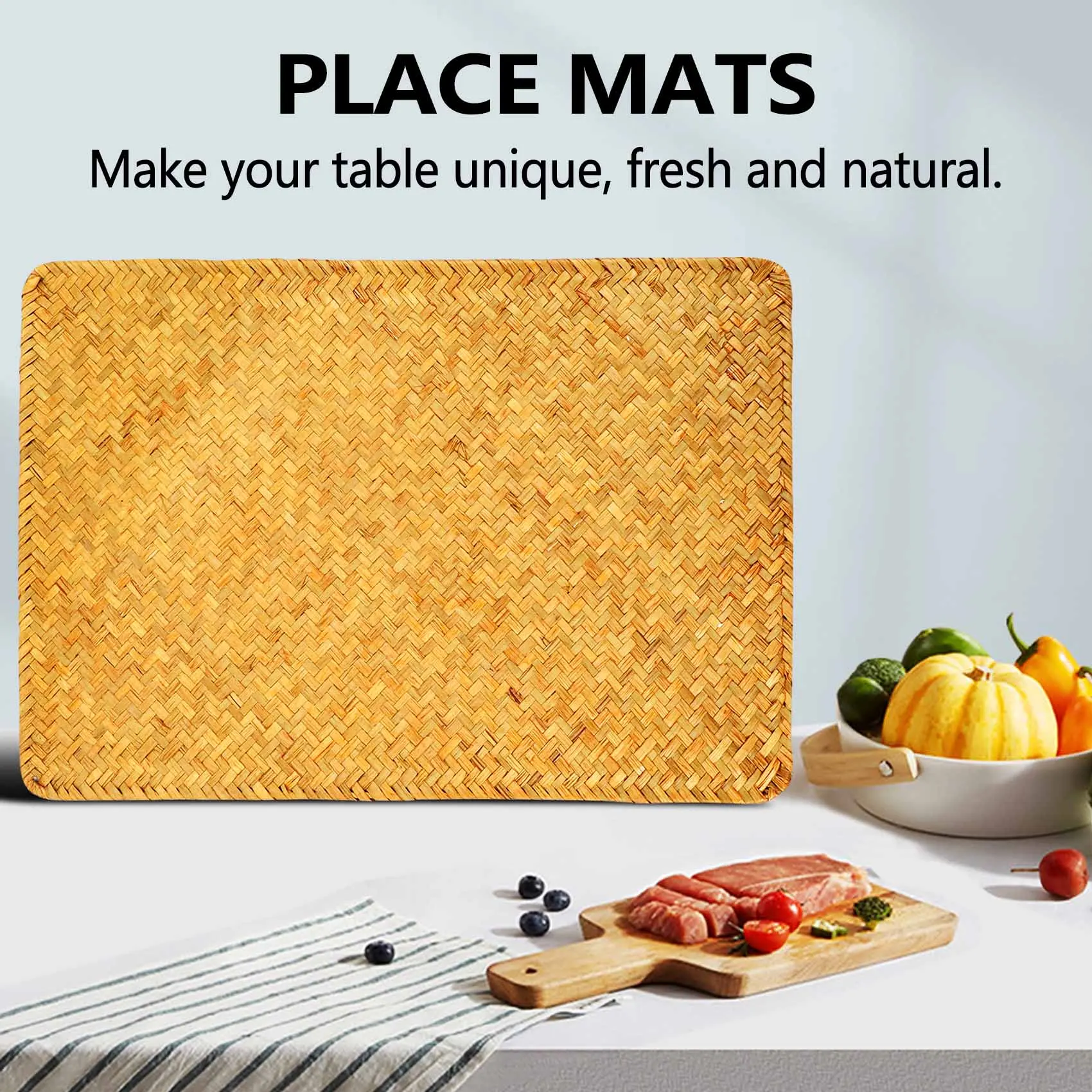 AC88-Pack Of 4, Natural Seagrass Place Mathand-Woven Rectangular Rattan Placemats Straw Tea Cup Mat Potholder