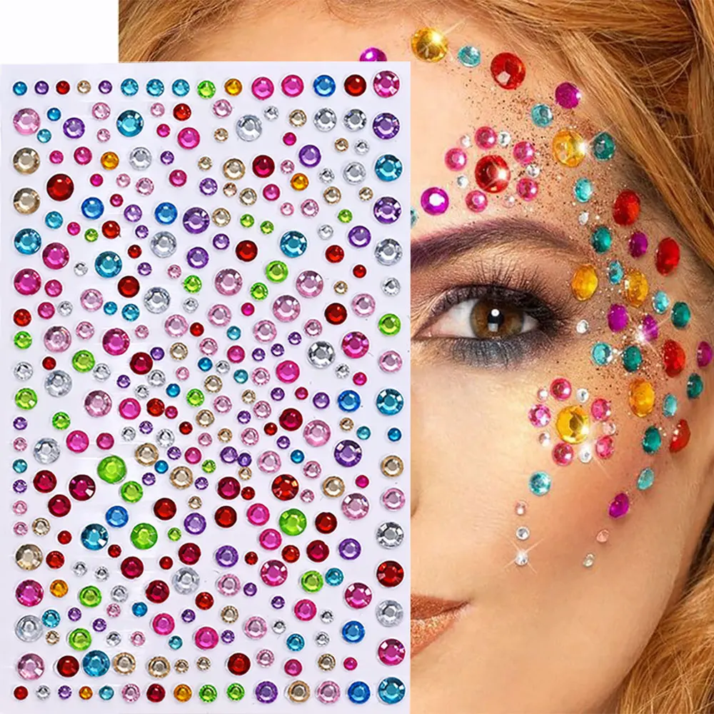 1 Blatt, 900 Stück, Regenbogen-Glitzer-Edelstein-Aufkleber zum Aufkleben, Gesichts-Tattoo, Augen-Strass-Juwelen, 3/4/5 mm, Mix für Hochzeitsfeiern, Make-up