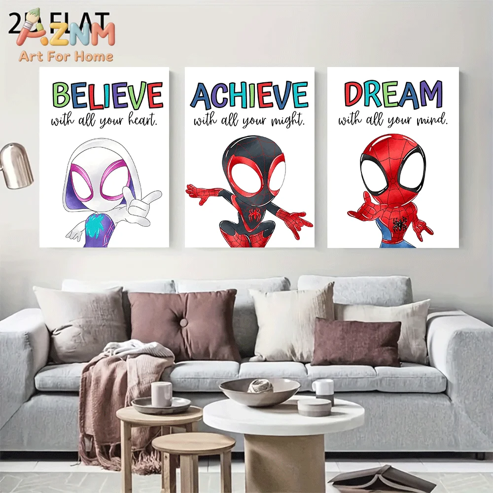 AZNM Cute Cartoon Spider Characters Inspirational Quote Canvas Wall Art Unframed Superhero Print Kids Bedroom Decor Poster Gift