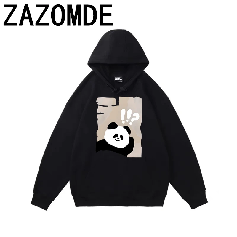 ZAZOMDE Panda Print Hoodies Long Sleeve Men Streetwear Spring Front Pocket Drop Shoulder Long Sleeve Sweatshirts Daily Hoody Men