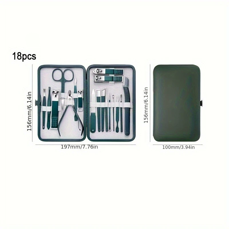 18pcs Professional Nail Care Kit Green & White Includes Nail Clippers Scissors Tweezers and More for Manicure and Pedicure