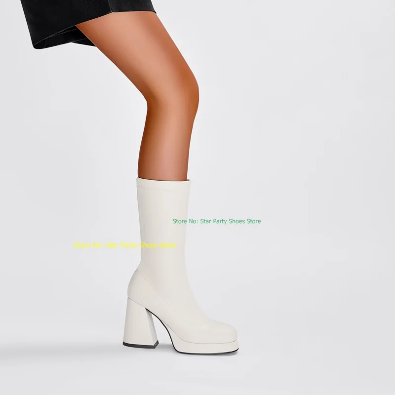 Fashion Woman White Leather Square High Heel Ankle Boots Round Toe Female Spring Autumn Slip On Platform Short Boots