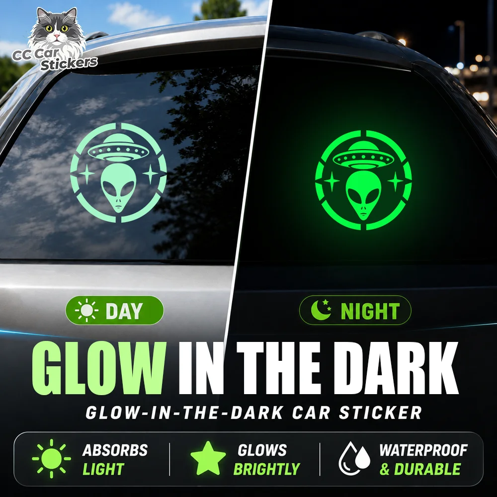 Alien Head UFO Glow in the Dark Car Sticker Luminous Vinyl Decal Waterproof Rear Window Sci-Fi Auto Accessories Decor Trim Set