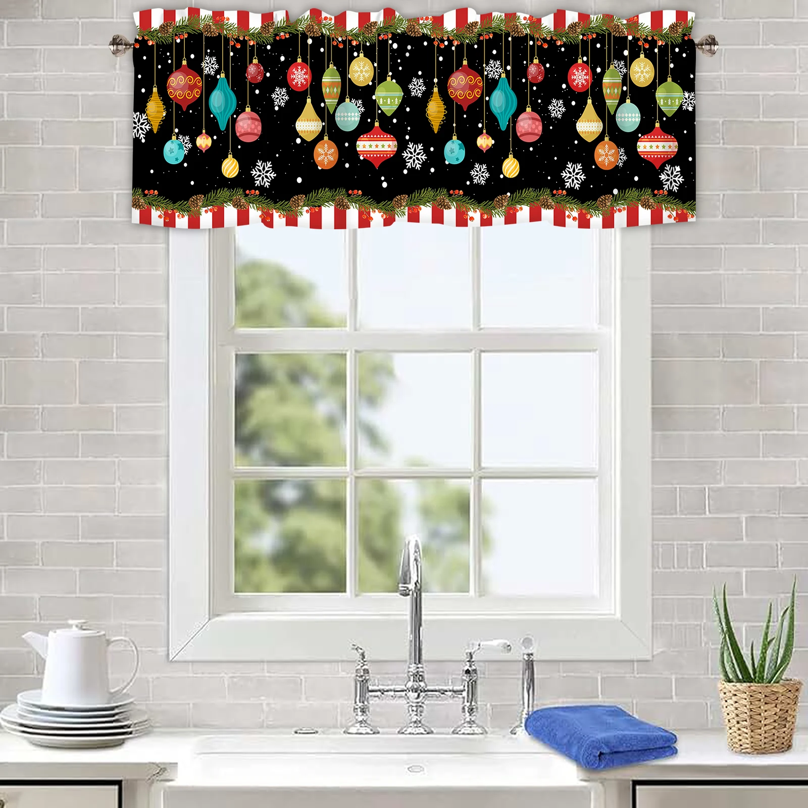 Christmas Black Ornaments Valances for Windows, Xmas Kitchen Curtains Rod Pocket, Holiday Winter Short Window Treatment