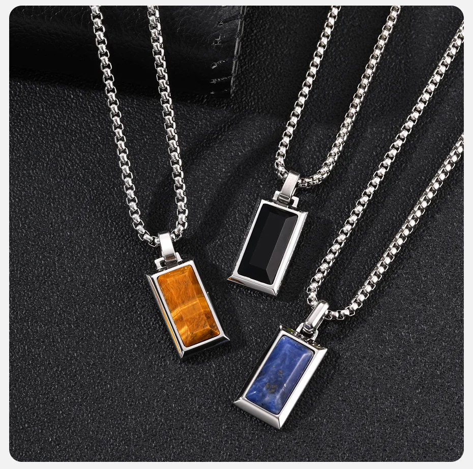 Vnox Edelstahl-Halskette mit rechteckigem Anhänger für Herren, Tigerauge, schwarzer Onyx, Naturstein-Anhänger, Kastenkette, Schmuck, Geschenk – Detail 7