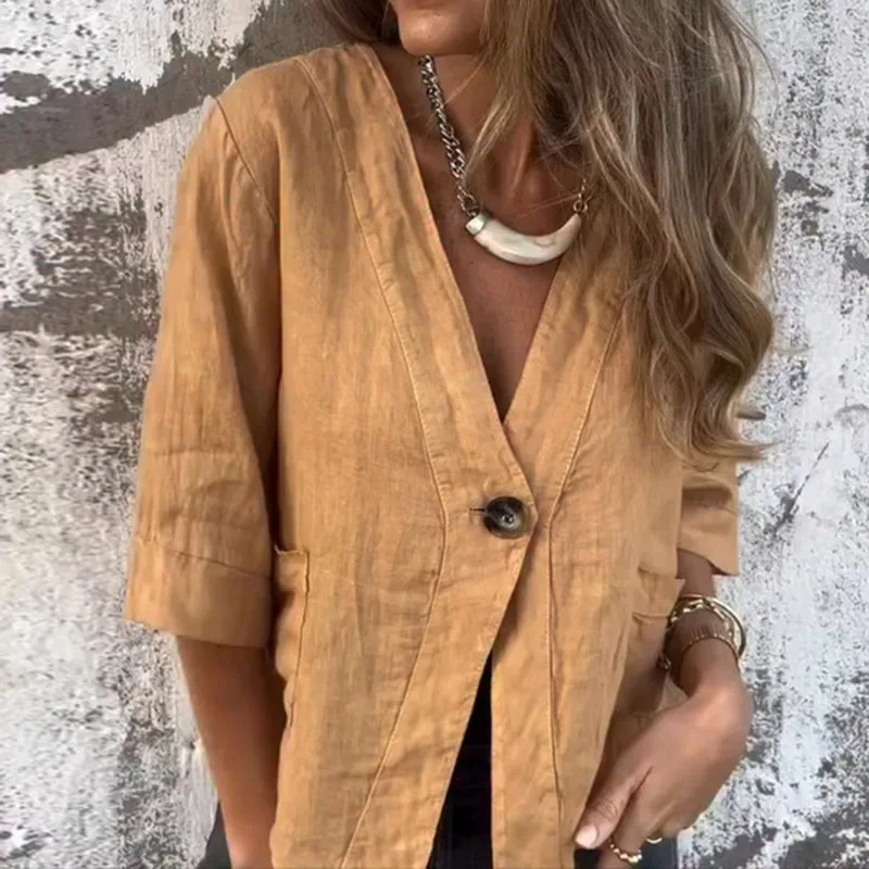 Simples vintage com decote em v algodão linho casaco elegante único botão mulher topos cardigan outono meia manga blusa camisa harajuku mujer