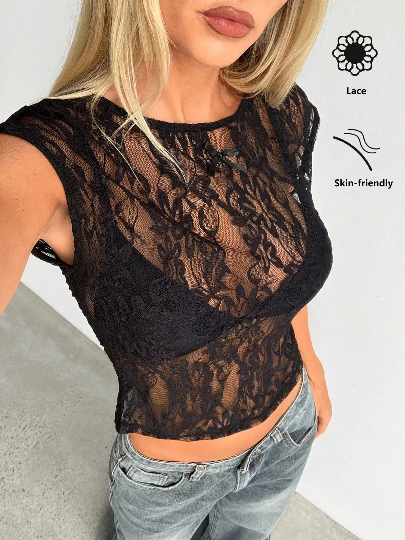 

Women's Black Floral Lace Crop Top with Bow Detail, Sleeveless See-Through Blouse for Evening Out
