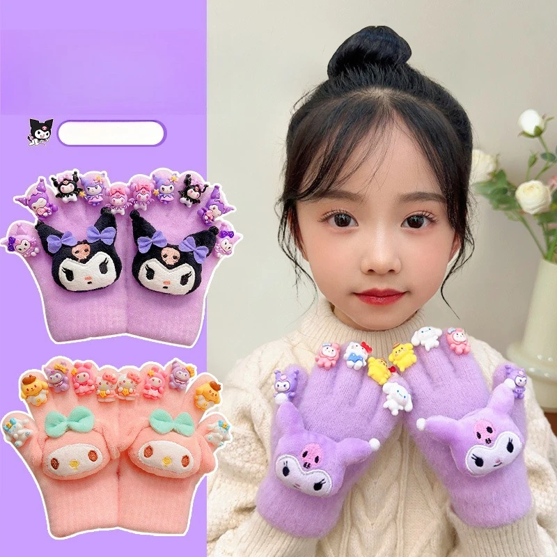MINISO لطيف سانريو قفازات الأطفال الشتاء الفتيات كورومي خمسة أصابع مجموعة زائد الصوف الدافئة والباردة واقية إصبع مجموعة