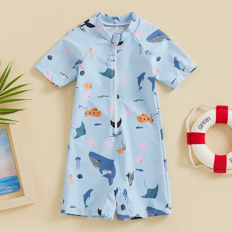 2022-12-13 Lioraitiin 0-4Years Toddler Baby Summer Bikini Jumpsuit Marine Life Print Short Sleeve Round Neck Front Zipper Shorts