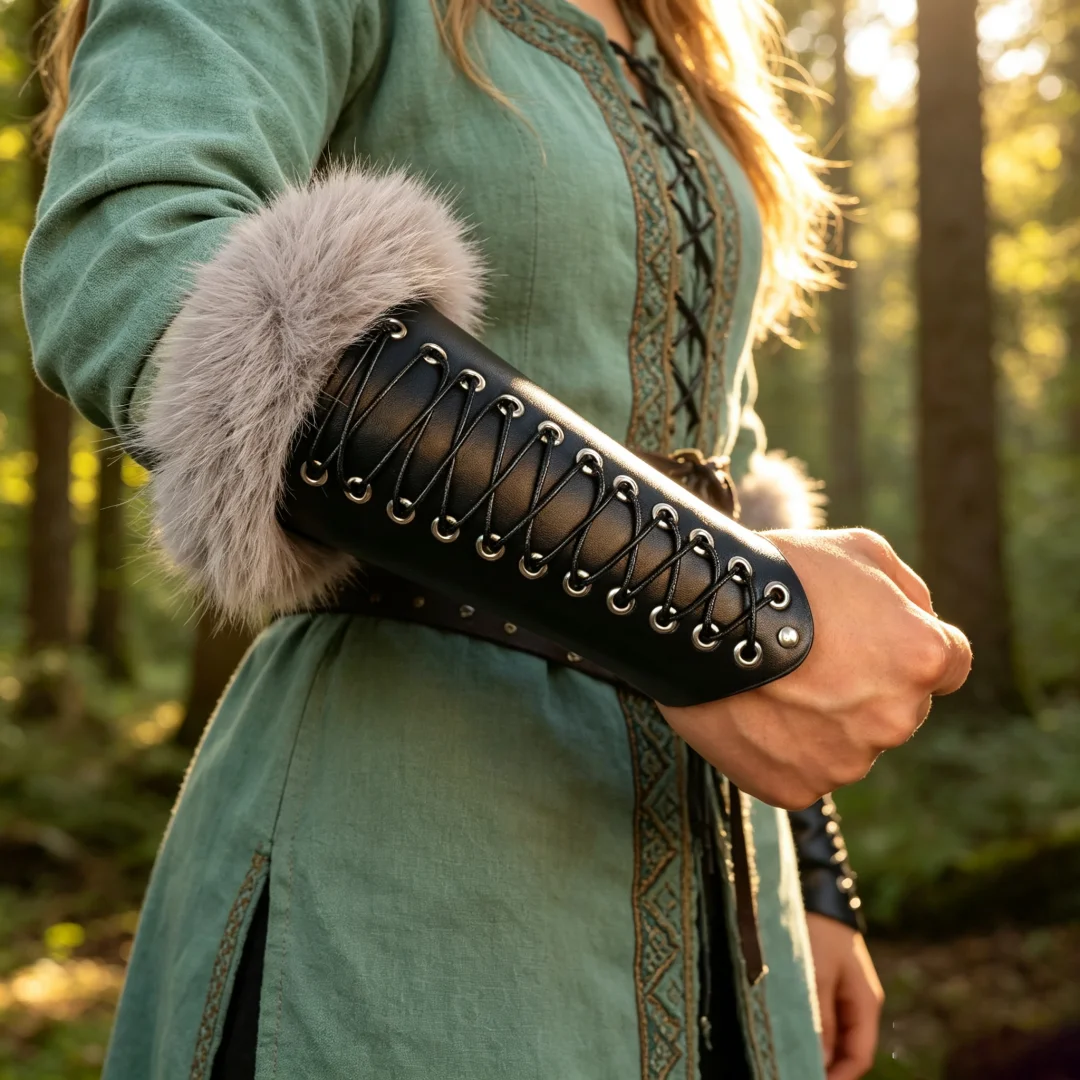 Medieval Viking Faux Leather Fur Wrist Guards, Vintage Fur Trim Arm Bracers Renaissance LARP Halloween Cosplay Costume Accessory