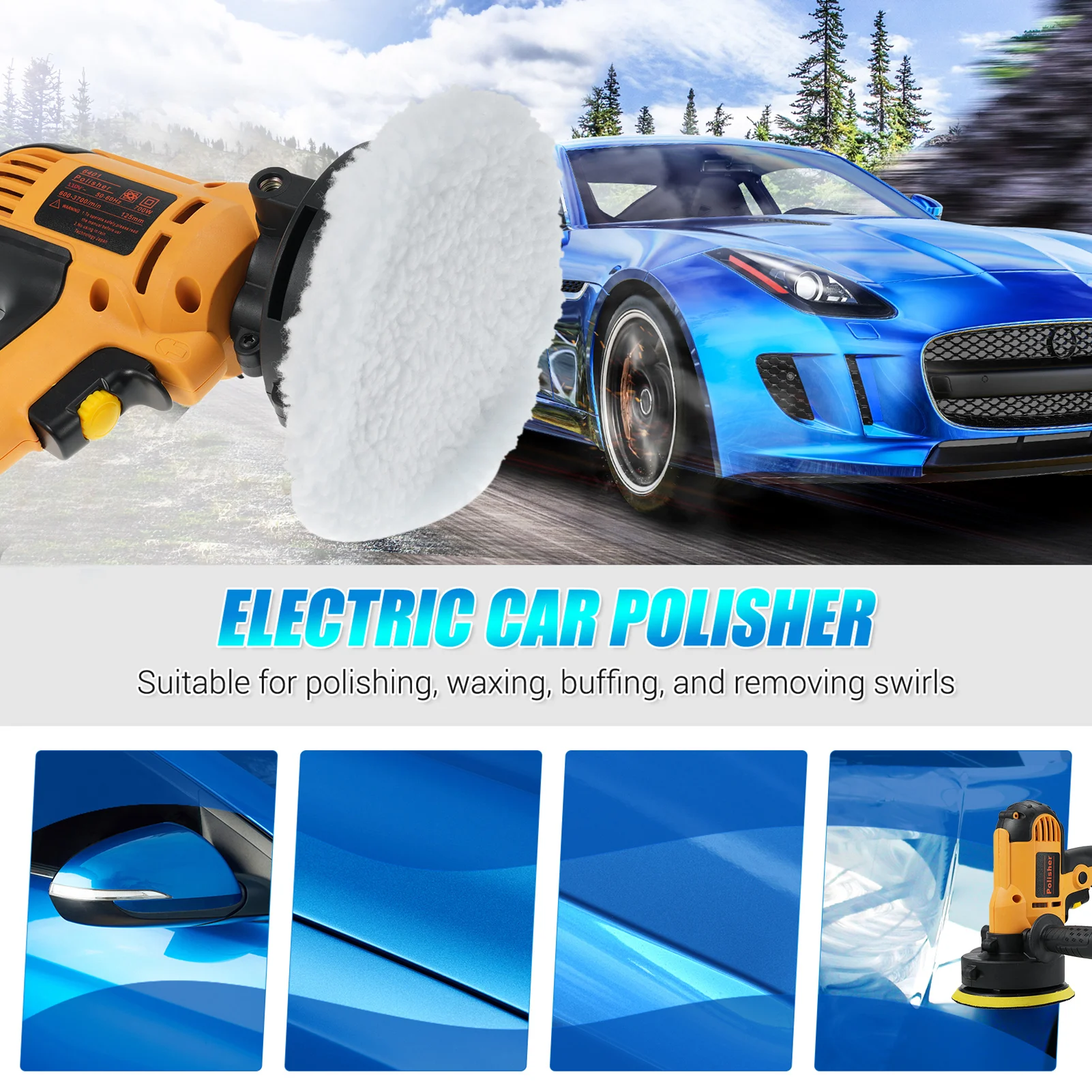 5-inch Electric Car Polisher Kit 700W Auto Car Buffer 600-3700RPM Variable Polishing Machine with Auxiliary Handle Sponge Wool