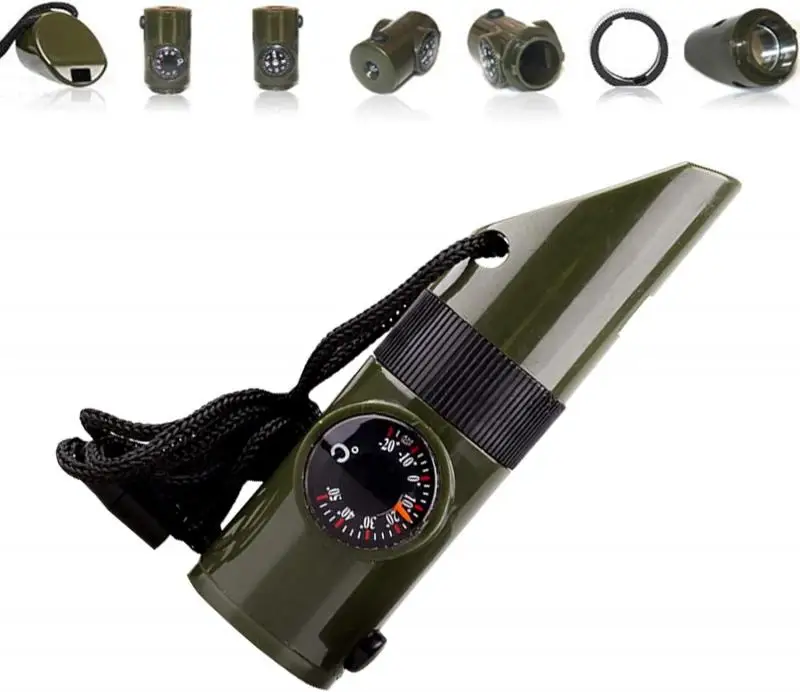 

7 in 1 Jungle Survival Whistle Hiking Whistle Compass Mirror Flashlight Magnifier LED Light Thermometer Storage Compass Tool