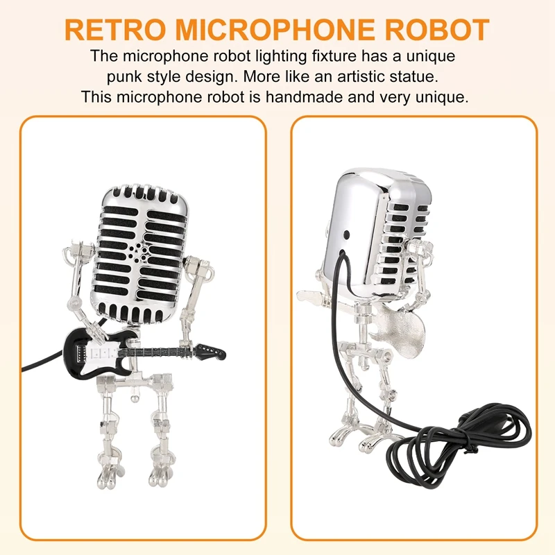 ABKO-Mic Robot,Retro Style Microphone Robot Table Lamp,Holding Guitare Night Light,Vintage Microphone Robot Desk Lamp