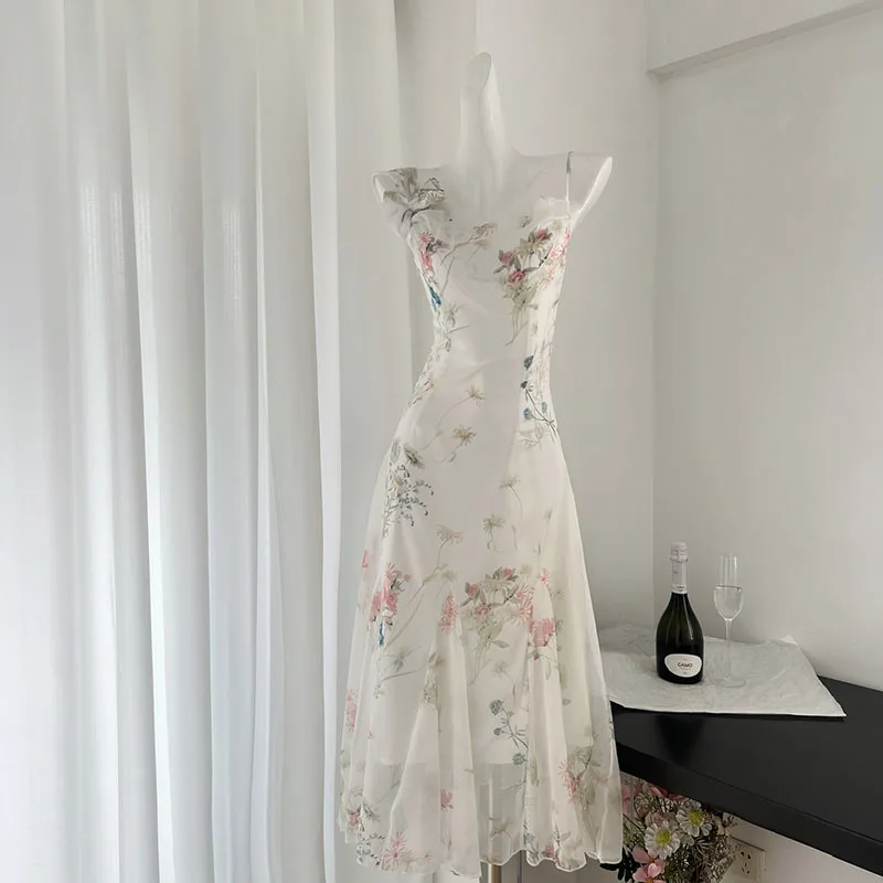 Women Floral Dresses Summer Temperament Casual Chic Design French Style Sleeveless Dress Vintage Seaside Holiday