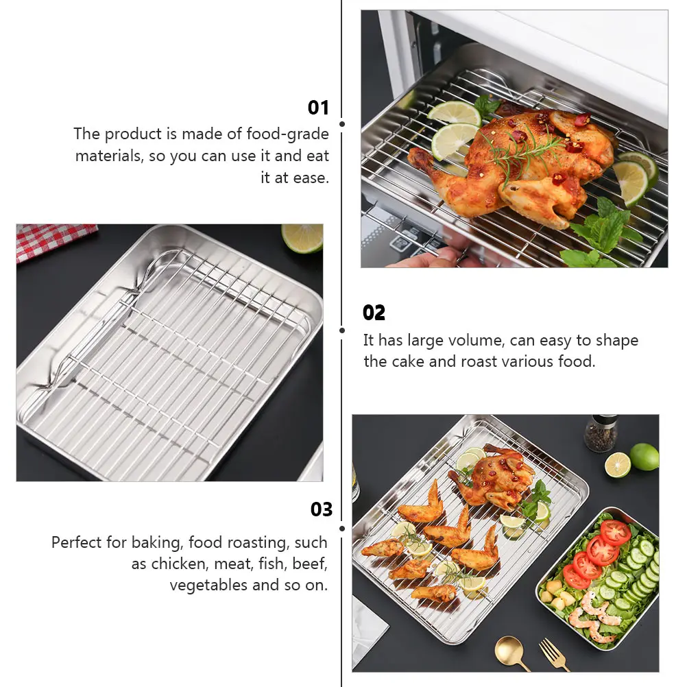 

Stainless Steel Baking Pan Net Japanese BBQ Tray Nonstick Roasting Rack Set for Chicken Meat Fish Vegetables Easy Clean