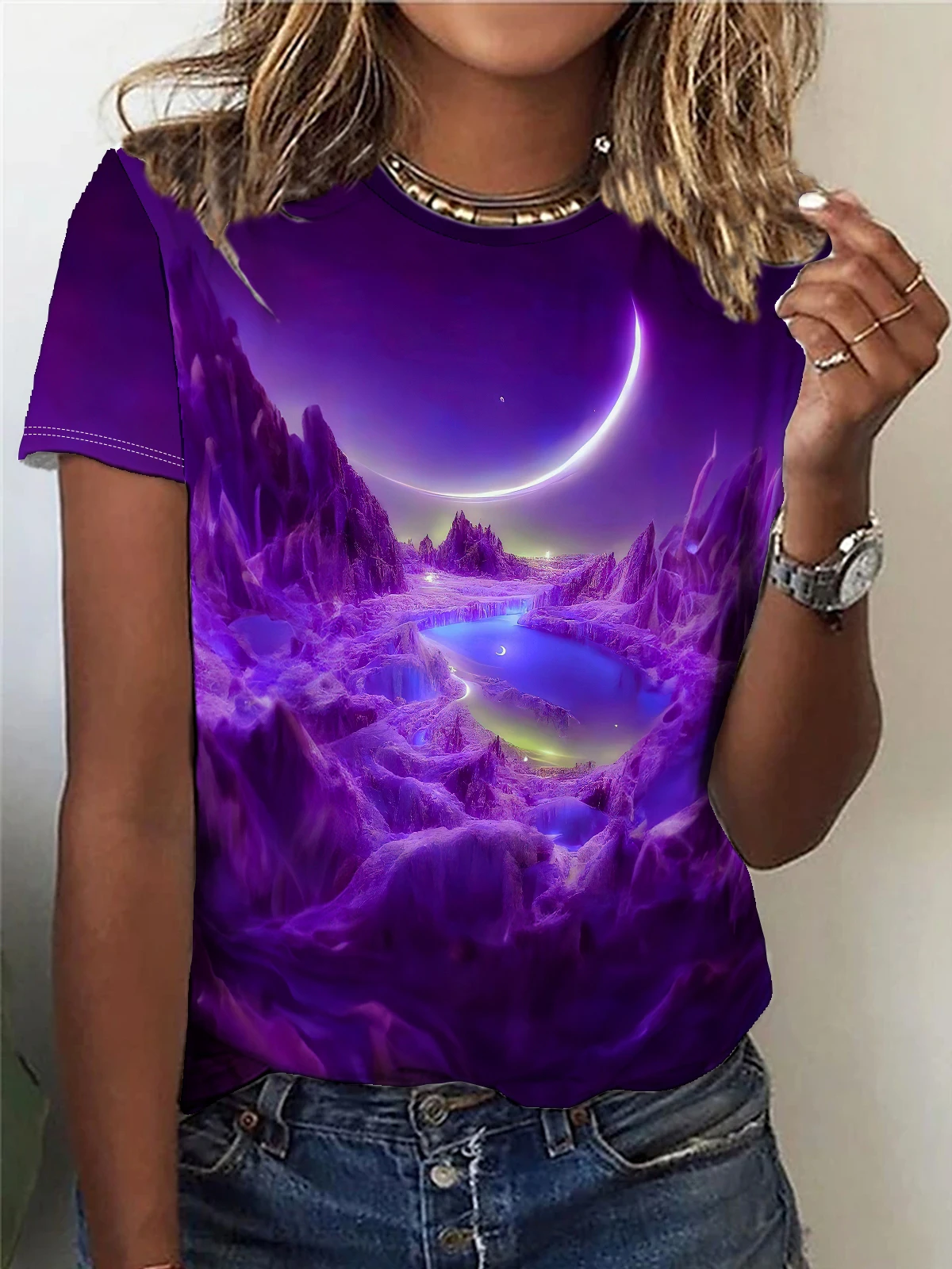 Purple landscape Print Crew Neck T-Shirt, Casual Short Sleeve Top For Spring & Summer, Women's Clothing