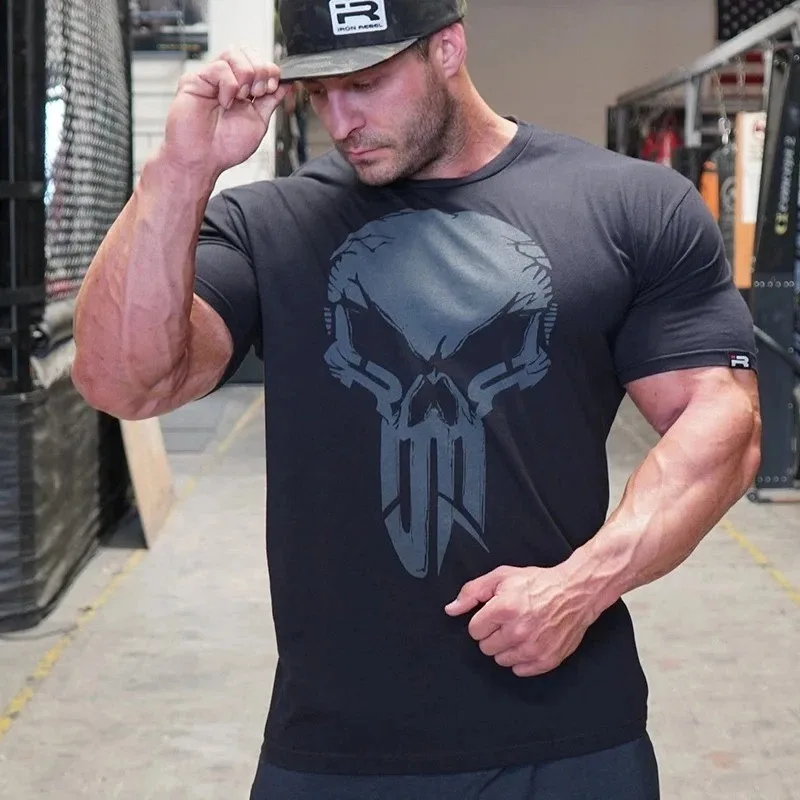 New 2026 GYM Men’s Oversized Fit Cotton Printed T-Shirt Short Sleeved Gym Training Casual Top
