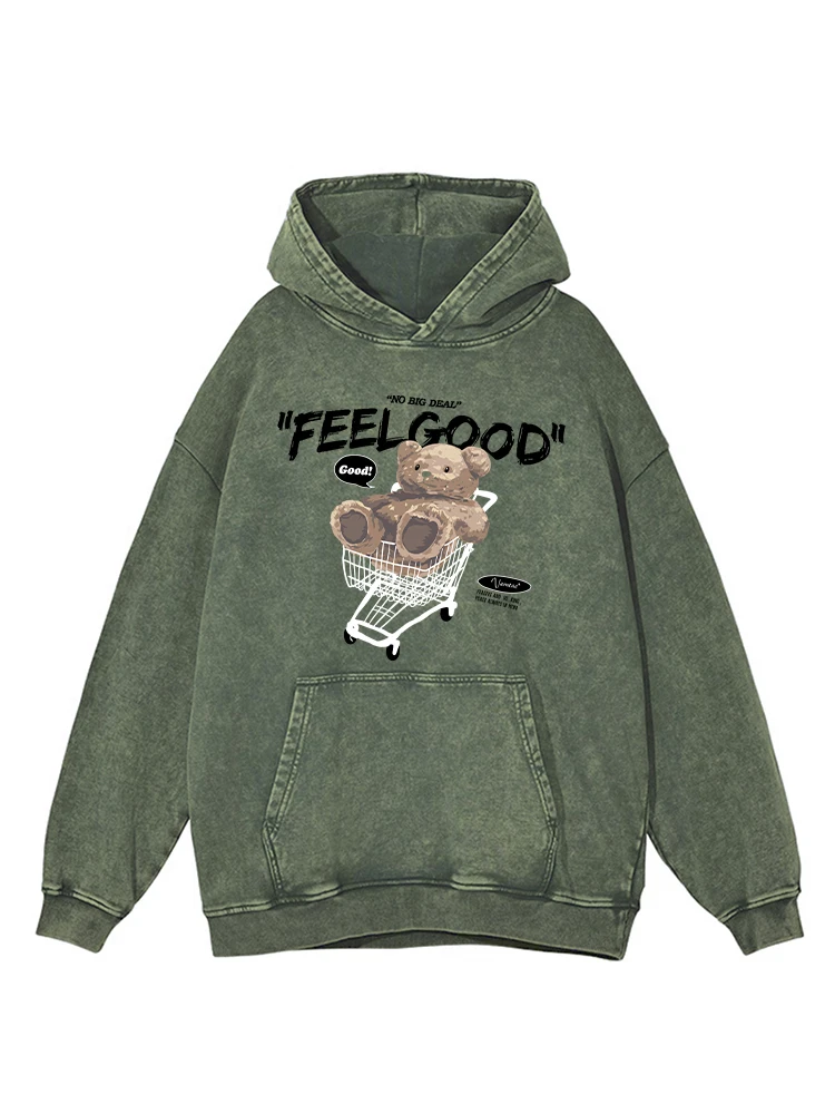 Teddy Bear In The Shopping Cart Print Distressed Hoodie Womens Autumn Cotton Warm Hoody Simple Basics Versatile Washed Hoodies