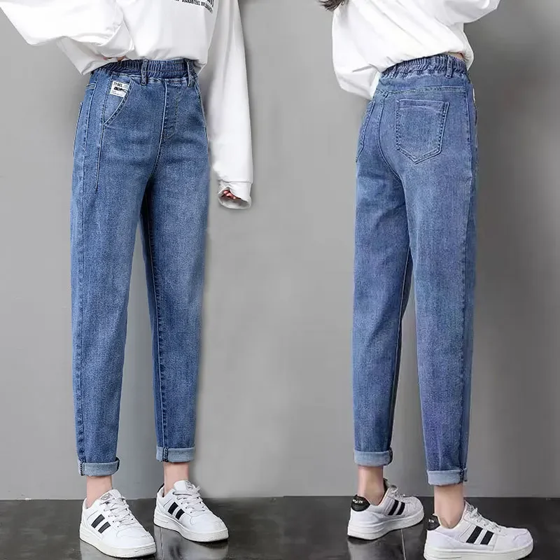 مرونة الحريم الدينيم الجينز المرأة فضفاضة مستقيم الكورية نمط عالية الخصر التخسيس أبي السراويل ربيع الخريف الموسمية