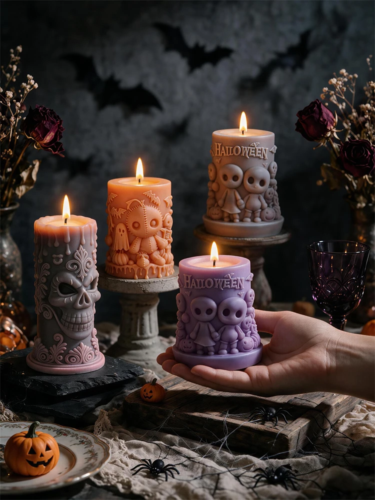 Humor Spooky Halloween Skeleton Candle Mould Haunted House Bat Ghost Skull Pillar Soy Wax Silicone Mold For Halloween Party