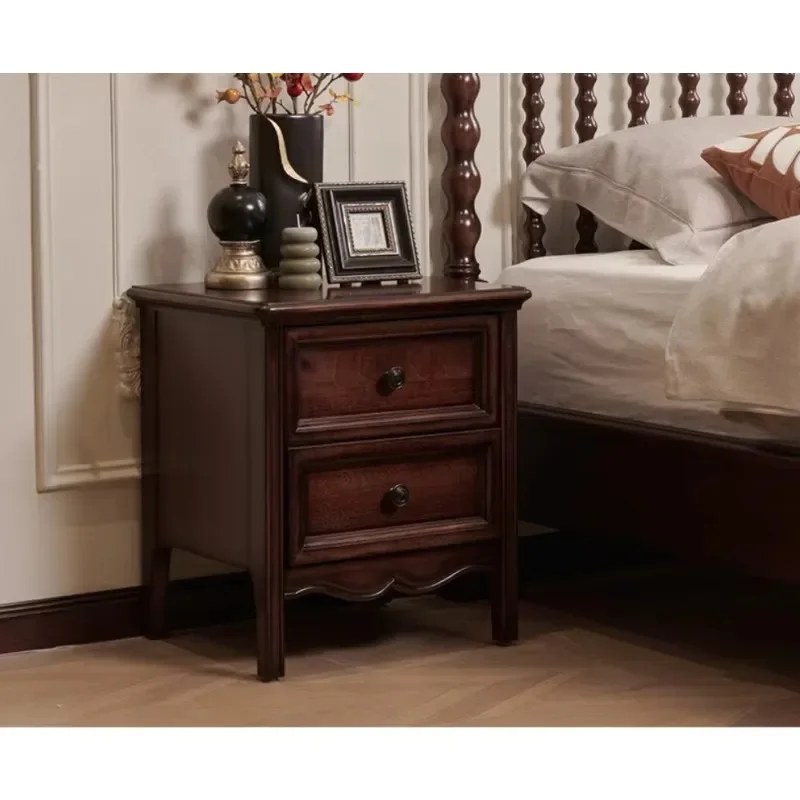 Retro design durable solid wood bedside table with two drawers for bedroom storage furniture
