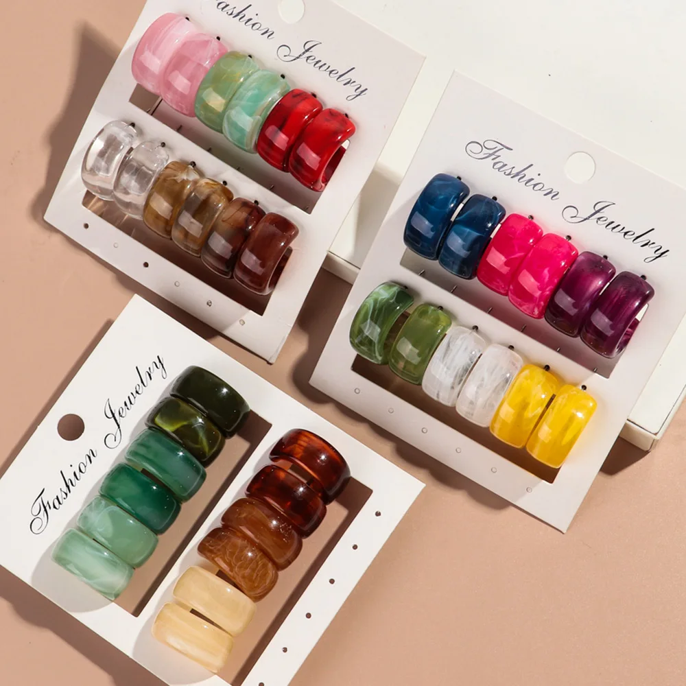 6 Pairs/set Trend Colorful Acrylic Geometric Wide C-Shape Earrings Set for Women Girls Earrings Fashion Jewelry