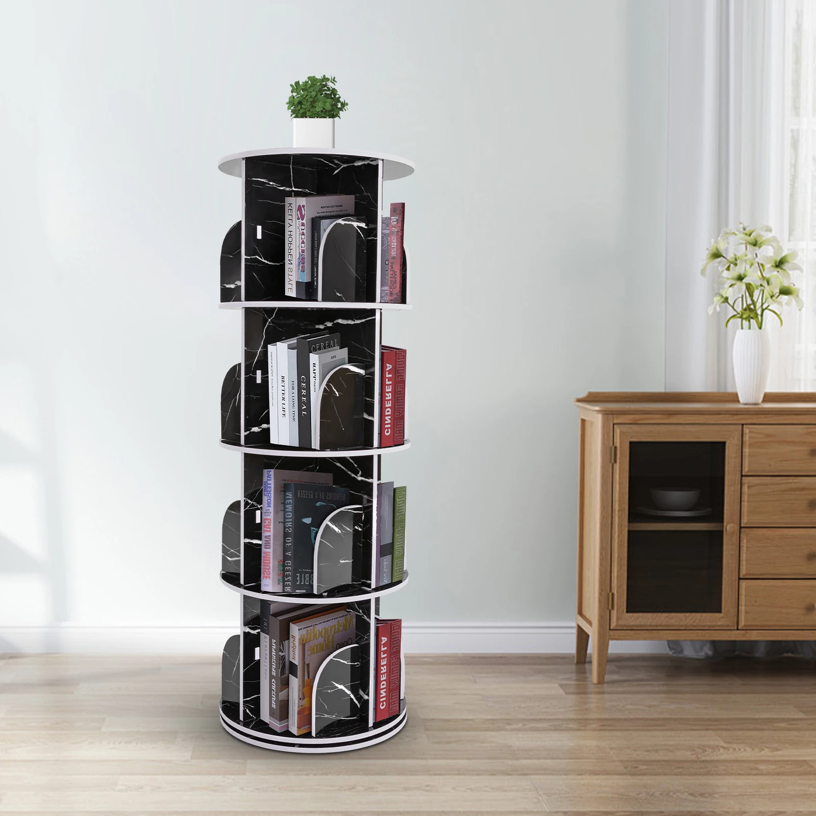 360° Rotating Bookshelf 4-Tier 16-Compartment PVC Wood-Plastic Book Organizer Display Stand Floor Standing Storage Rack for Home Office Study Living Room Durable Waterproof Easy Assembly Gift