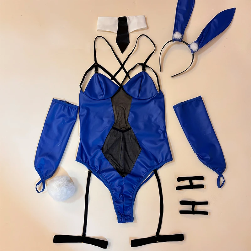 SENMHS Blue Bunny Girl Cosplay Leather Deep V Bodysuit Anime Halloween Uniform Women Backless Rabbit Jumpsuit Outfit Costume