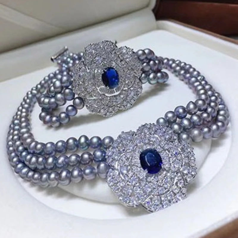 High-end light luxury grey freshwater pearl necklace set exquisite fashionable bridal banquet wedding dress evening gown jewelry