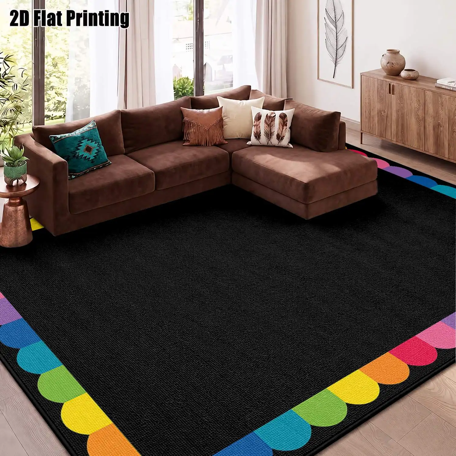 1Pc 2D Printed Colorful Geometric Border Nordic/Instagram Style Modern Minimalist European Home Decor Carpet, Multi-Size, Machine Washable, for Entrance, Dining, Foyer, Living Room, Bedroom