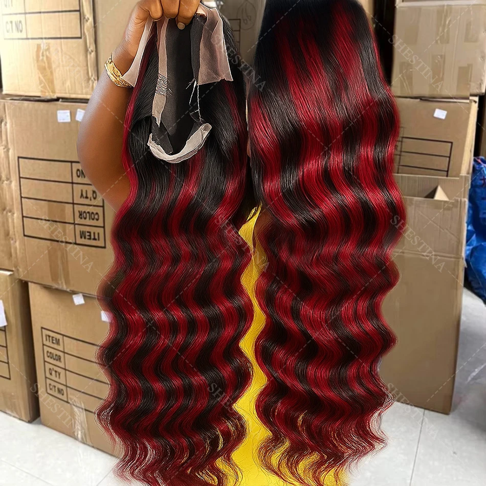 1B/99j Burgundy Highlight Lace Front Wig 30 Inch 5x5 Glueless Body Wave Wear And Go Wigs Brazilain Red Colored Human Hair Wigs - Image 2