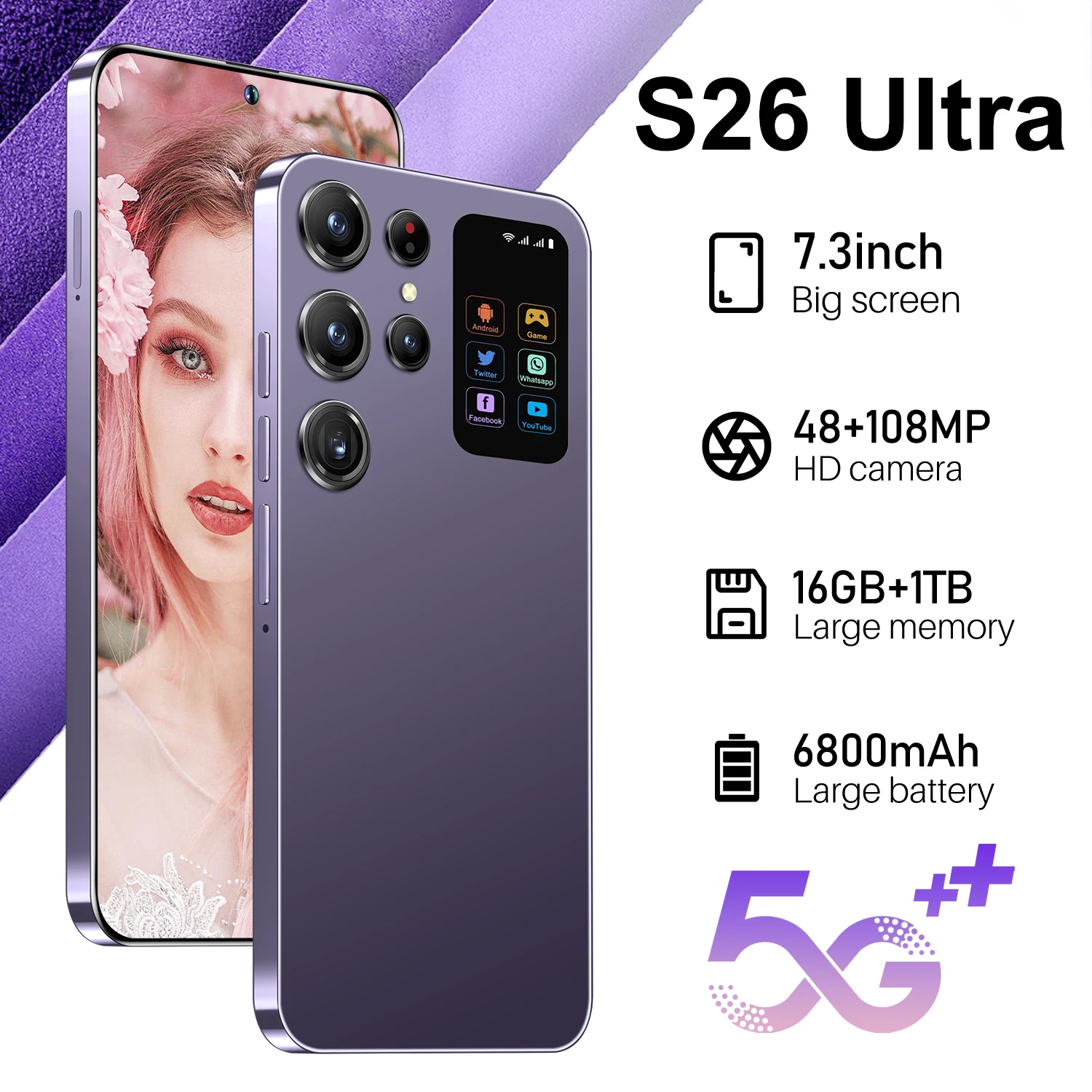 New S26 Ultra Smartphone 5G 7.3 Inch 32G + 1T Dual SIM Phone Android14 72MP + 108MP 8000mAh Global EditionPhone Gaming Phone