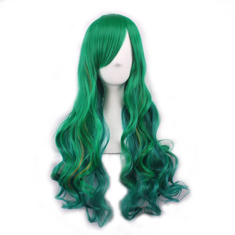 日本の原宿スタイルグリーンウィッグカラフルな輸出女性ロングカーリーヘアサイド前髪かつら全頭かつらビッグウェーブ合成繊維