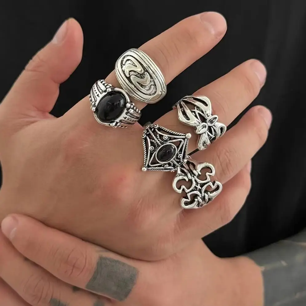 

SHIXIN 5Pcs Punk Hollow Out Geometry Open Rings Set for Men Goth Irregular Adjustable Chunky Knuckle Ring Halloween Jewelry New