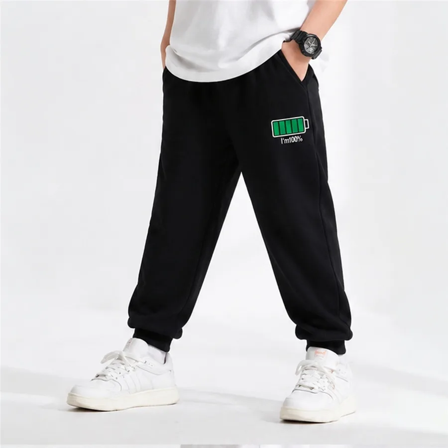 High‑Energy Boys Lightweight Jogger Pants, Funny 100% Battery Graphic Print Soft Cotton Sport Sweatpants For Outdoor Activities