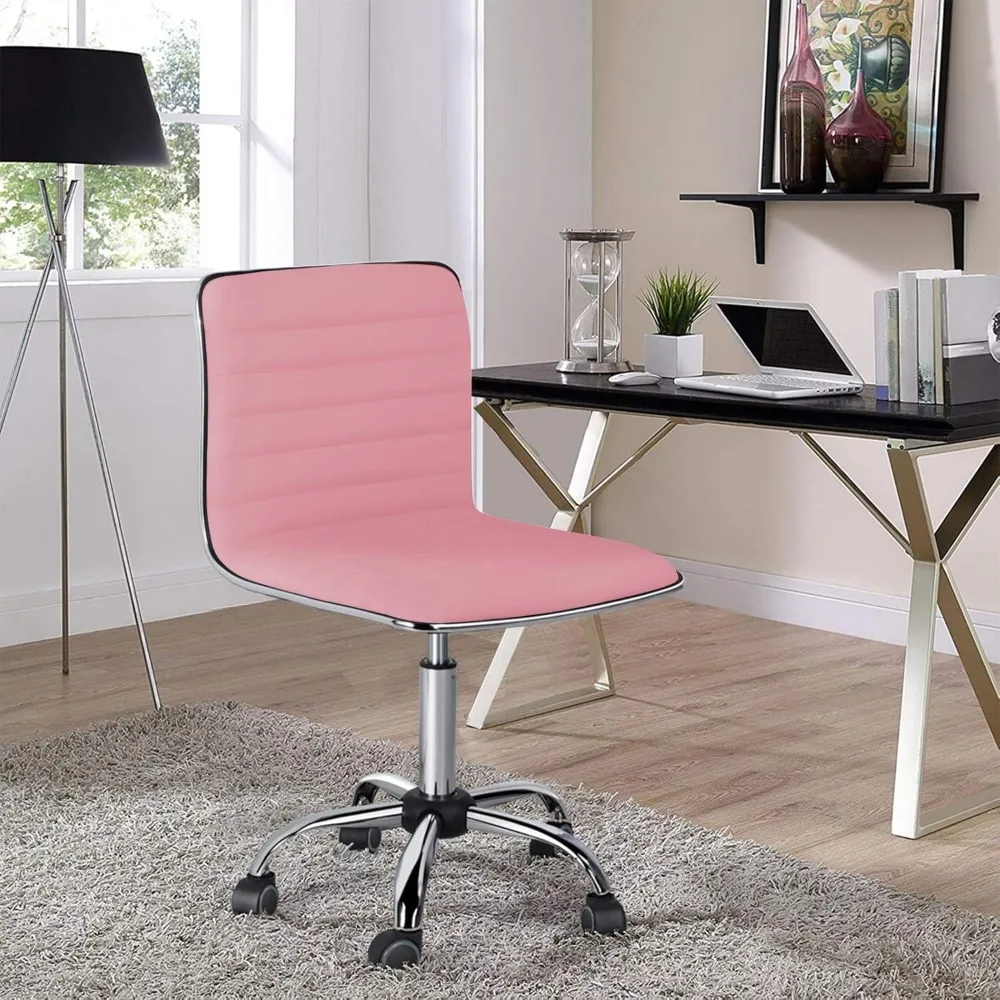 Low Back PU Leather Ribbed Armless Office Chair, Ergonomic Swivel Task Chair with Wheels