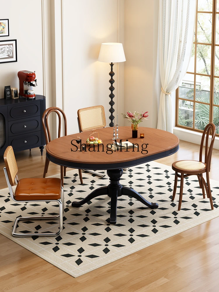 

HJ new modern home antique solid wood retractable dining table oval foldable round table small apartment