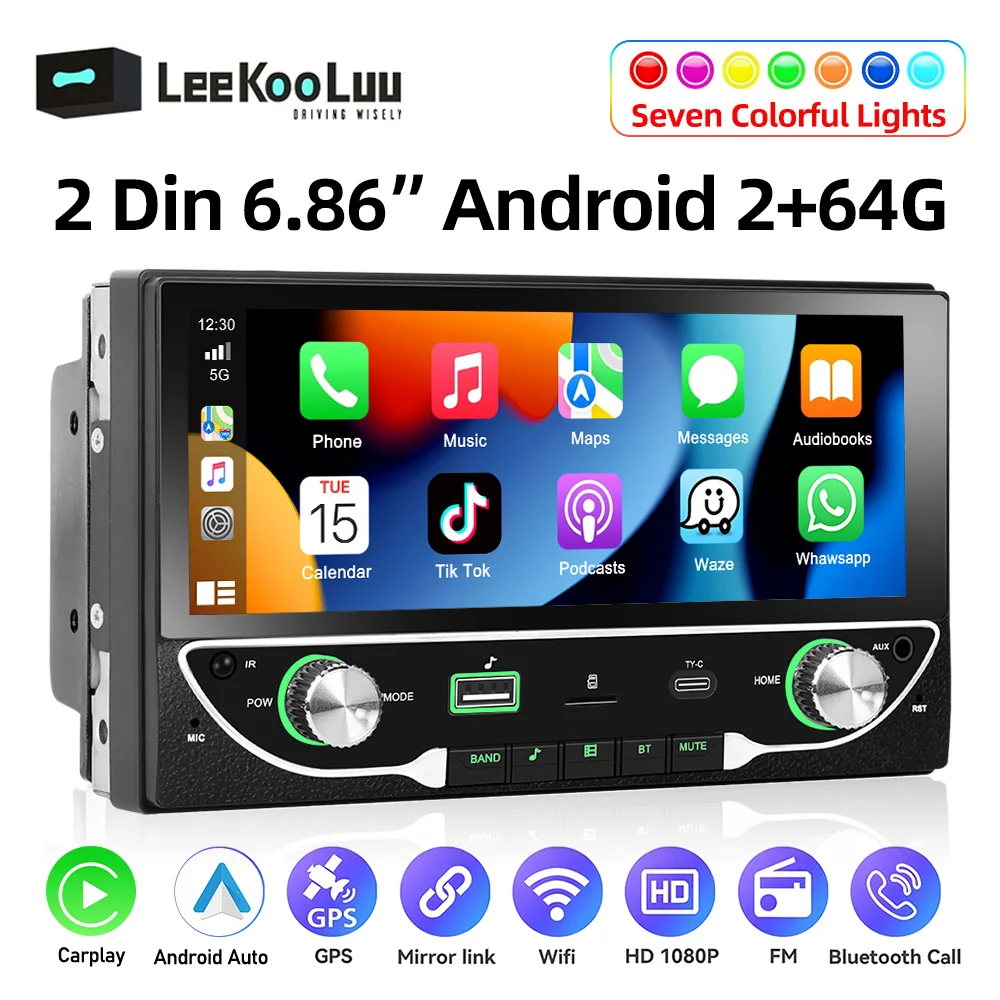 

LeeKooLuu 6.86" Android 2 Din Car Radio Wireless Carplay Android Auto Universal Multimedia Player 2G+64G GPS Stereo Bluetooth