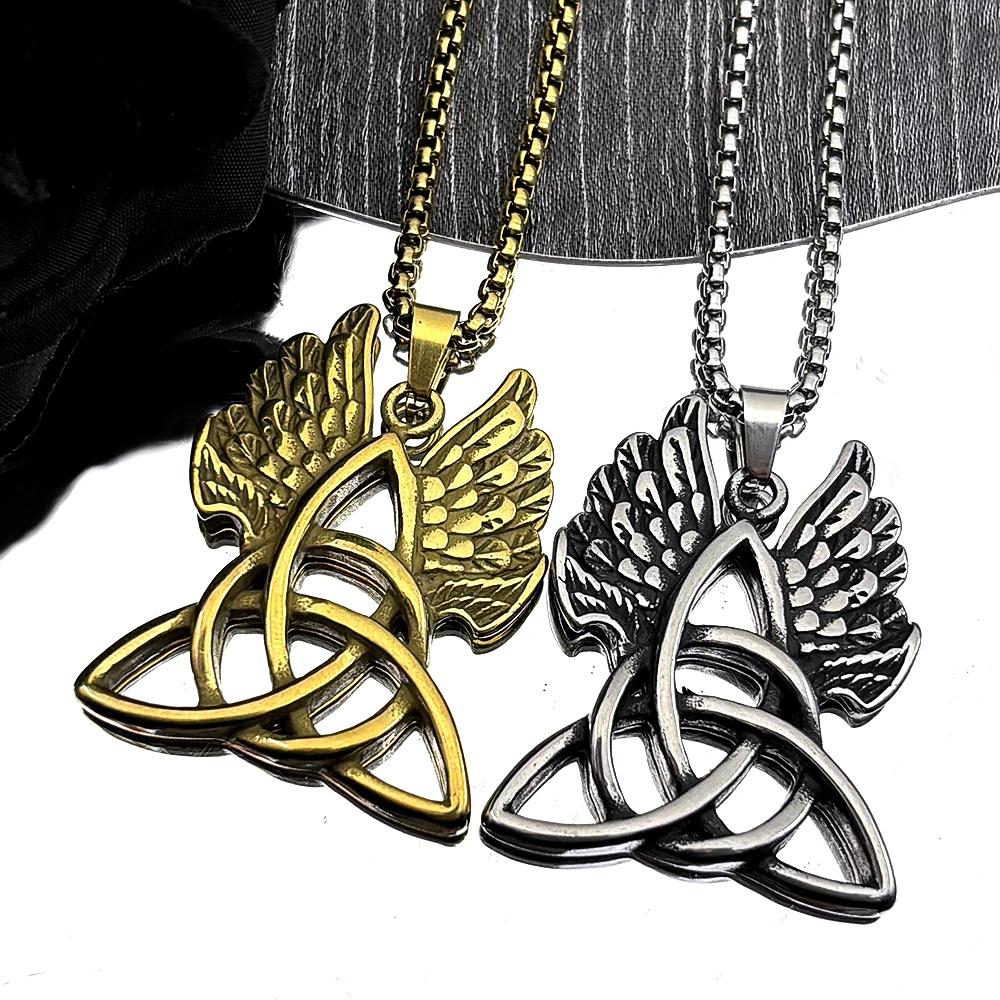 

Vintage Witch Irish Celtic Trinity Knot Wing Pendant Necklace for Women Men Stainless Steel Gold Color Amulet Chain Jewelry