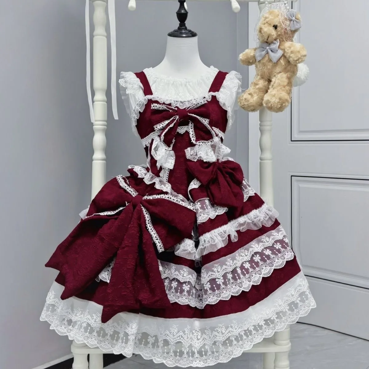 Lolita Kawaii Y2k Jurk met lange mouwen en bandjes Japanse knielange dames elegante kanten strik patchwork baljurk zoet het hele seizoen - afbeelding 2