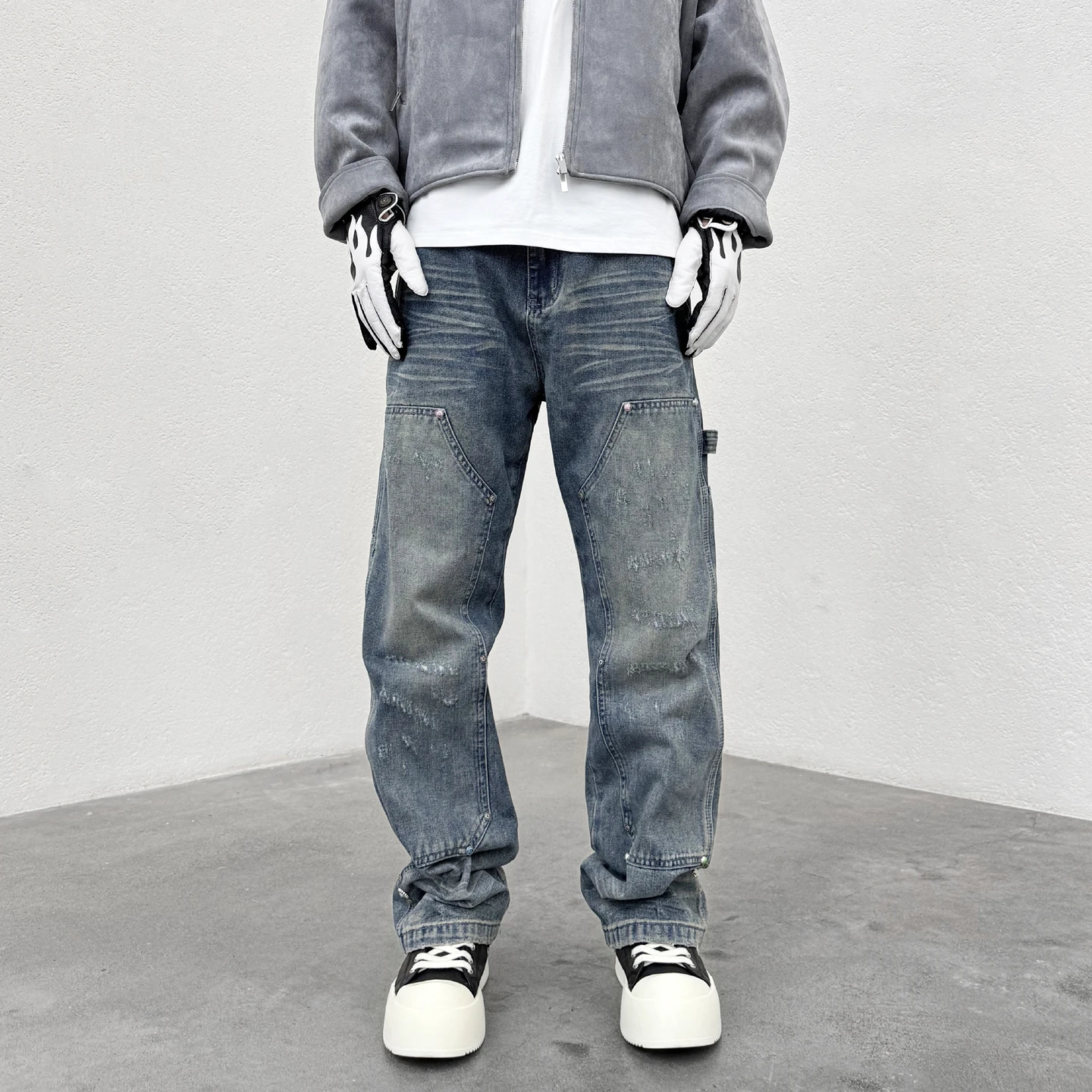 Pine Stone Willow Nail Decoration Washed Blue Logging Jeans Streetwear Baggy Straight Leg Pants Frayed Jeans Y2k Relaxed Fit