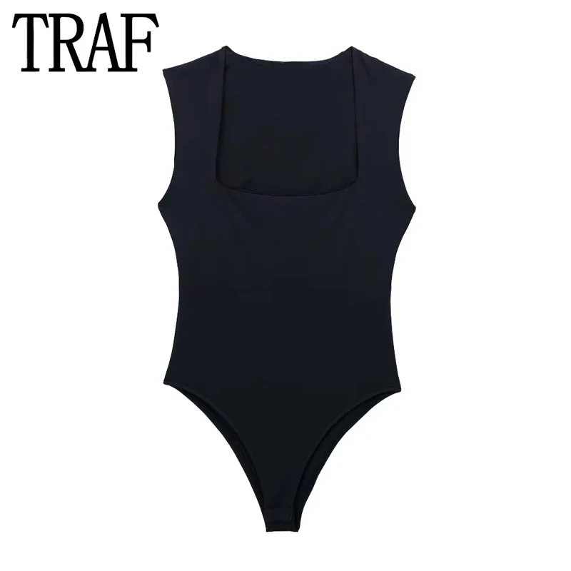 TRAF 2023 Black Body Woman Square Neck Sexy Lingerie For Women Body Sleeveless Bodysuit Women Wide Straps Bodycon Summer Tops