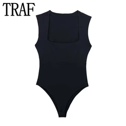 TRAF 2023 Black Body Woman Square Neck Sexy Lingerie For Women Body Sleeveless Bodysuit Women Wide Straps Bodycon Summer Tops